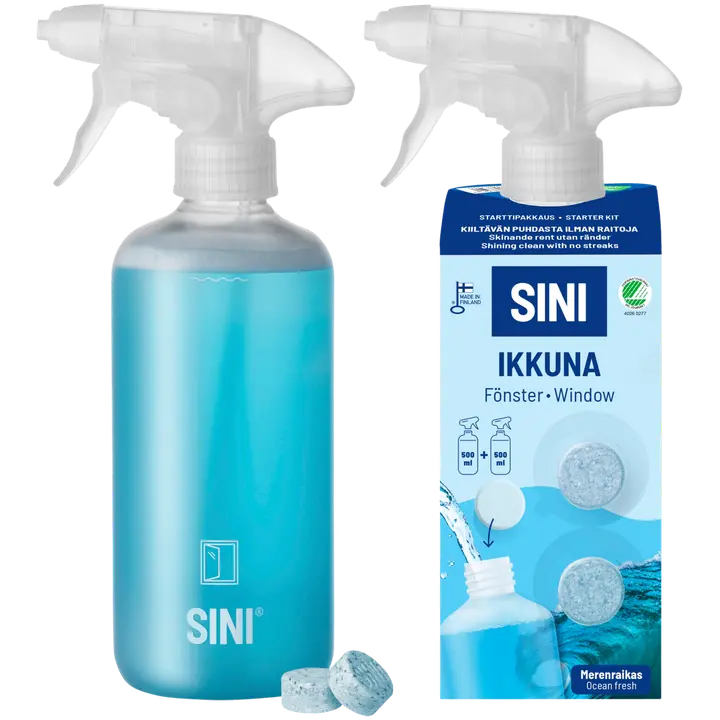 SINI Ikkunapuhdistusaine, starttipakkaus – pullo + 2 tablettia