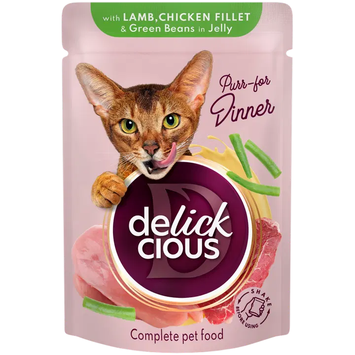 Delickcious Täisväärtuslik konserv täiskasvanud kassidele – Lambaliha ja kana roheliste ubadega želees, 85 g