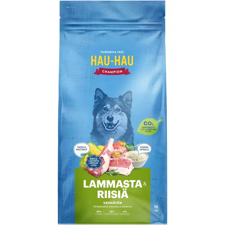 Hau-Hau Champion Lammasta ja riisiä täysravinto aikuisille koirille 15 kg
