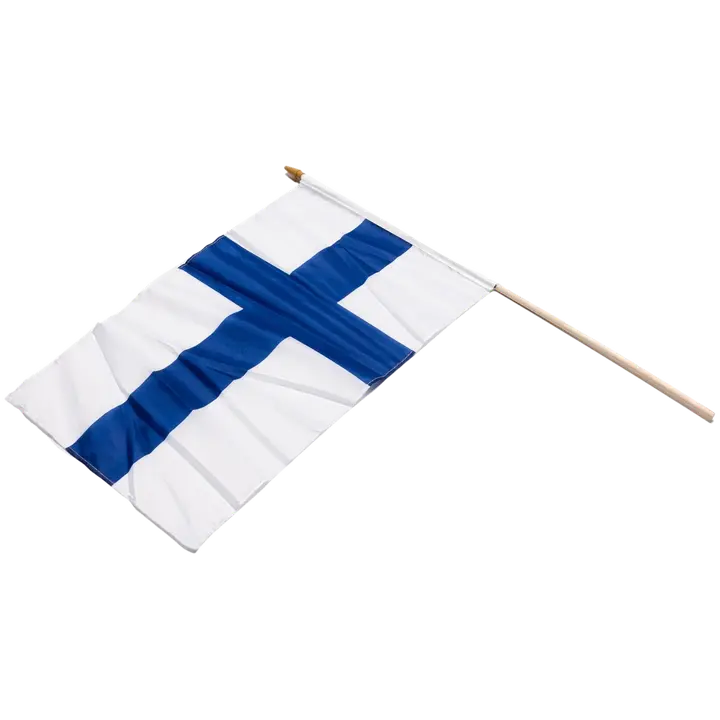 Suomi kannatuslippu 30 x 45 cm puisella tikulla 60 cm.