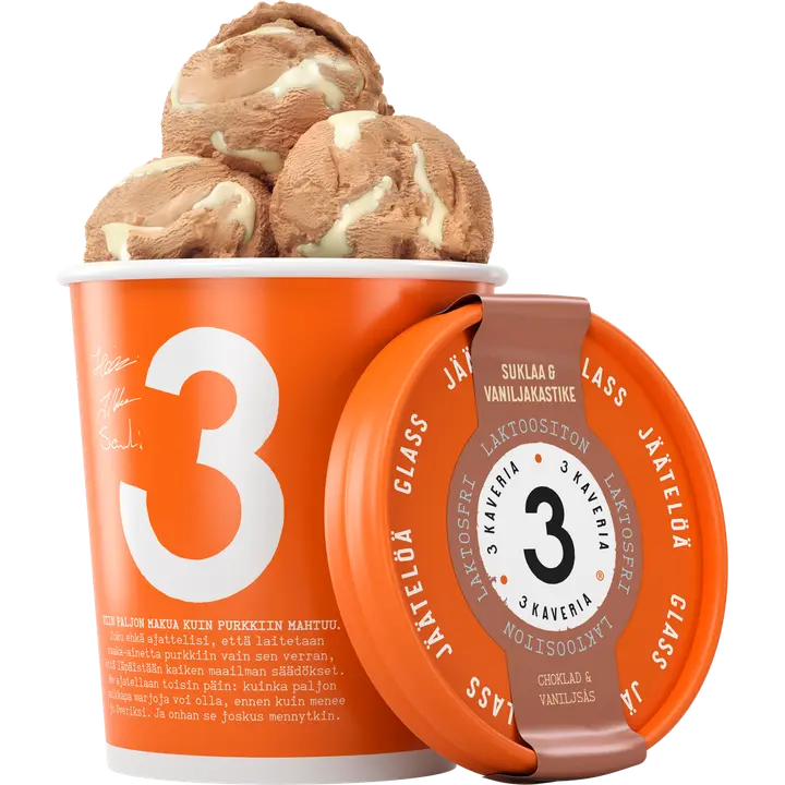 3 Kaveria Laktoositon Suklaa & Vaniljakastike jäätelö 500ml/400g