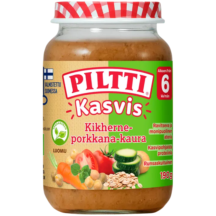 Piltti Kasvis 190g Kikherne-porkkana kaura lastenateria 6kk Luomu