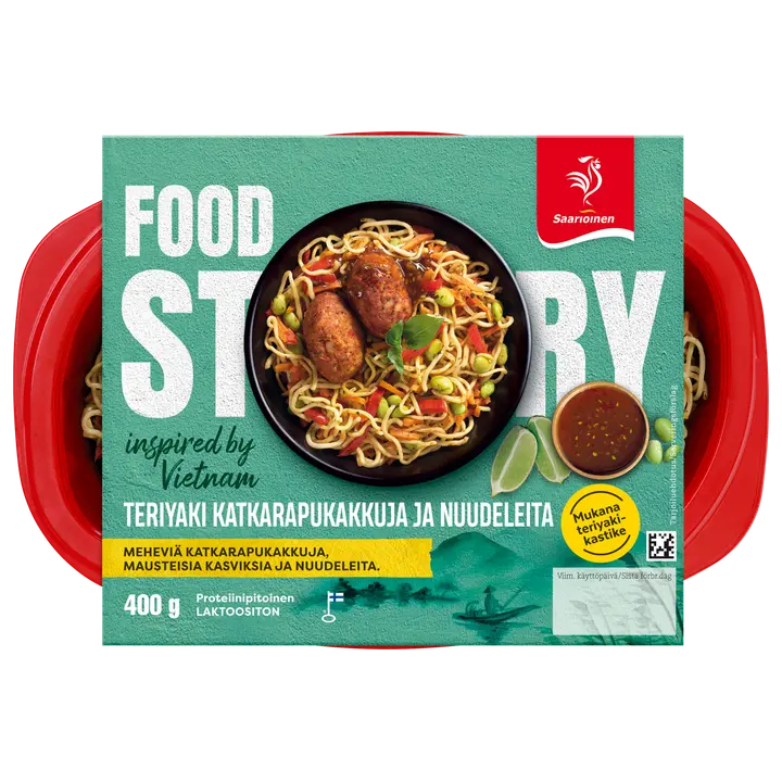 Saarioinen Teriyaki katkarapukakkuja ja nuudeleita; katkarapupyöryköitä ja maustettuja nuudeleita+teriyakikastike 400g