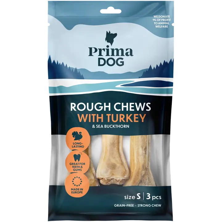 PrimaDog Rough Chews Kalkkuna-Tyrni, täytetty puruluu S 10 cm, 3 kpl, 105 g