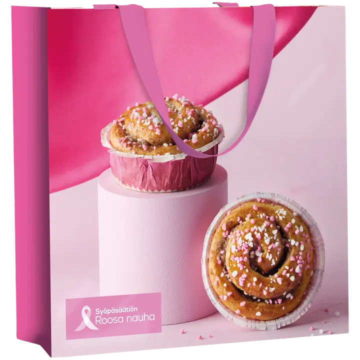 Paistopisteen Vaasan Roosa pulla -kassi, sis. 4 x Kanelikierrepulla, 1 x Kaura-pellavaleipä, 6 x Rukiinen riisipiirakka