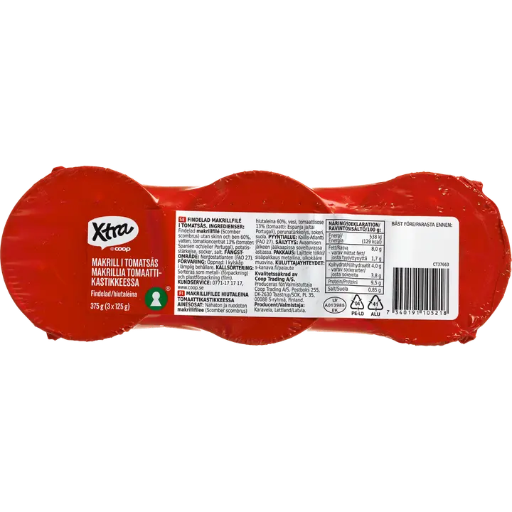 Xtra makrillifilee hiutaleina tomaattikastikkeessa 3 x 125/75g