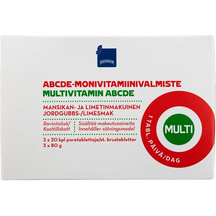 Rainbow ABCDE-monivitamiiniporetabletti mansikan- ja limenmakuinen ravintolisä 3x20kpl/3x80g