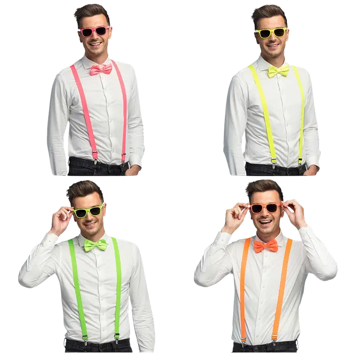 Asusetti: lasit,rusetti,henkselit neon