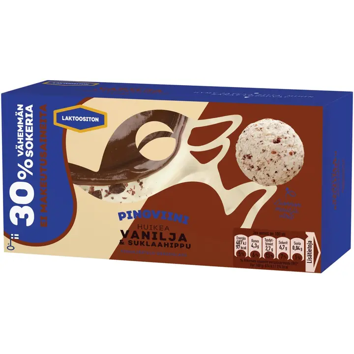 Pingviini Vanilja & Suklaahippu Vähemmän sokeria Laktoositon kermajäätelö kotipakkaus  500g/1L