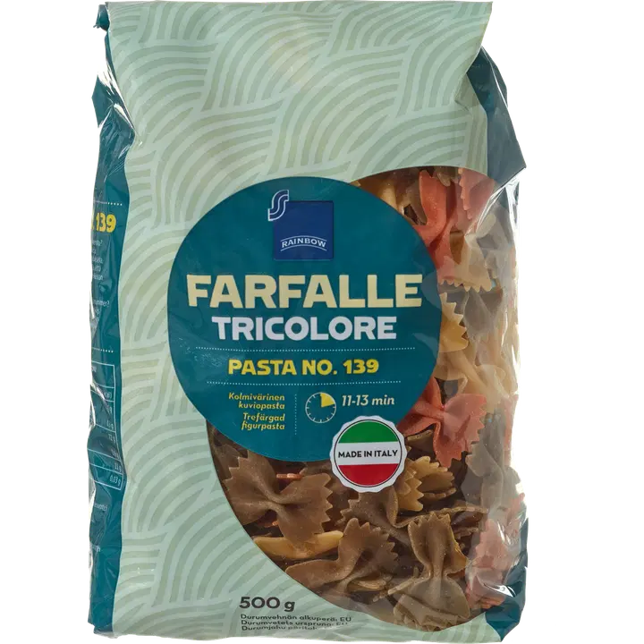 Rainbow 500g Farfalle Tricolore kolmivärinen kuviopasta