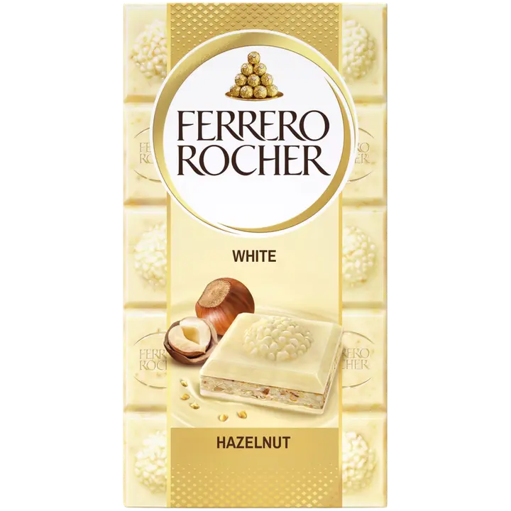 Ferrero Rocher White -valkosuklaalevy 90g. Täytettyä valkosuklaata (60%) hasselpähkinätäytteellä (37%) ja hasselpähkinän paloilla.