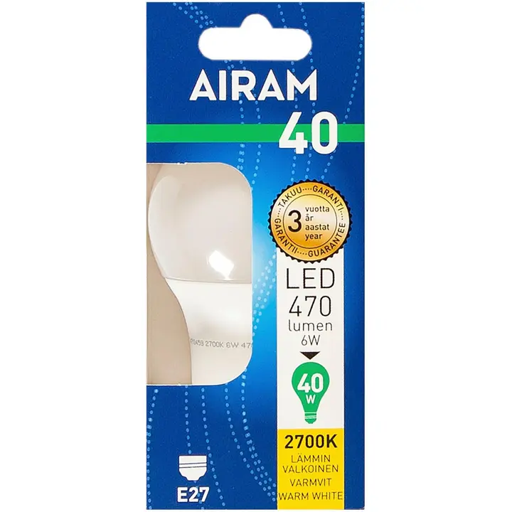 Airam LED 4.9W vakiolamppu opaali E27 470lm 2700K