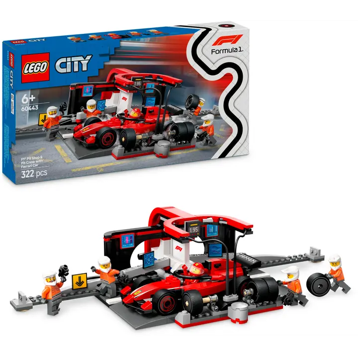 LEGO® City 60443 F1®-varikkopysähdys ja varikkomiehistö sekä Ferrari-auto