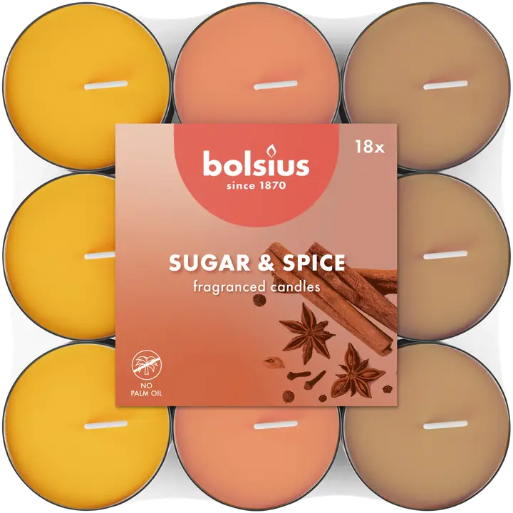 18 lõhna-teeküünalt Bolsius 3,5h suhkur/vürts