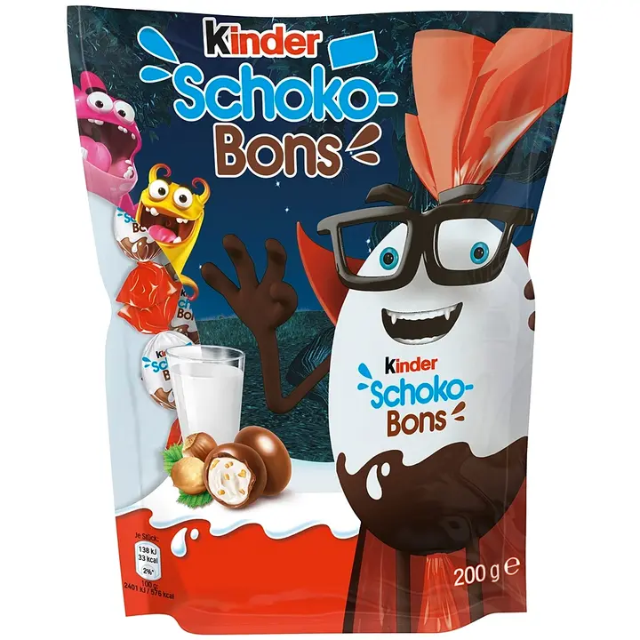 Kinder Schokobons maitosuklaata maitoisalla hasselpähkinärouhetäytteellä 200g Halloween