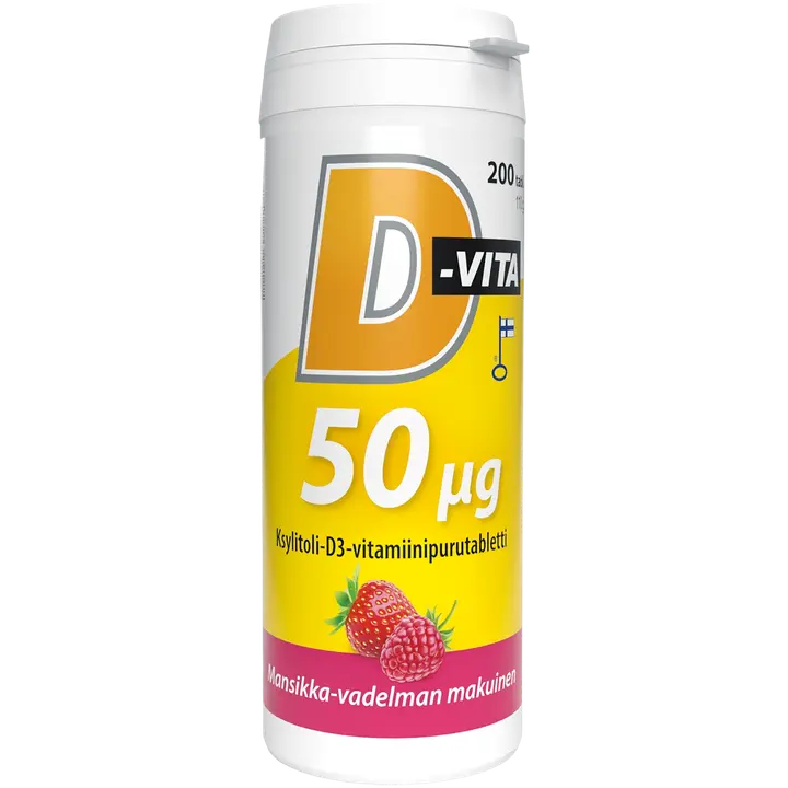 D-Vita 50 ug mansikka-vadelmanmakuinen 200 tabl ksylitoli-D3-vitamiinipurutabletti, Vitabalans