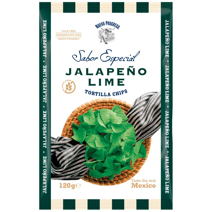 Nuevo Progreso Sabor Especial Jalapeño Lime Tortilla Chips jalapenon- ja limetinmakuiset maissilastut 120g pussi