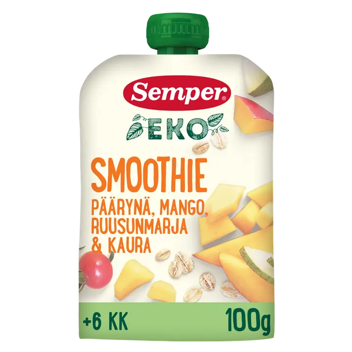 Semper EKO Smoothie Päärynä mango ruusunmarja & kaura 6kk hedelmäsose 100g
