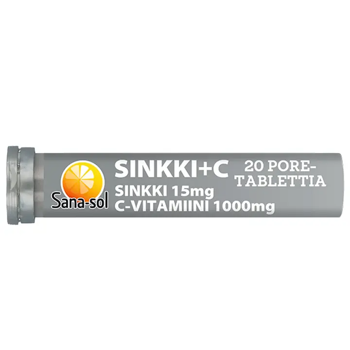 Sana-sol sinkki 15mg - C-vitamiini 1000mg appelsiininmakuinen sinkki-C-vitamiiniporetabletti ravintolisä 20 poretablettia