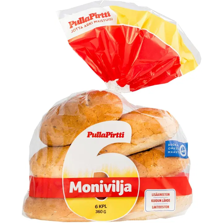Pulla-Pirtti Moniviljasämpylä 6/360g halkaistu  laktoositon kuitupitoinen moniviljasämpylä