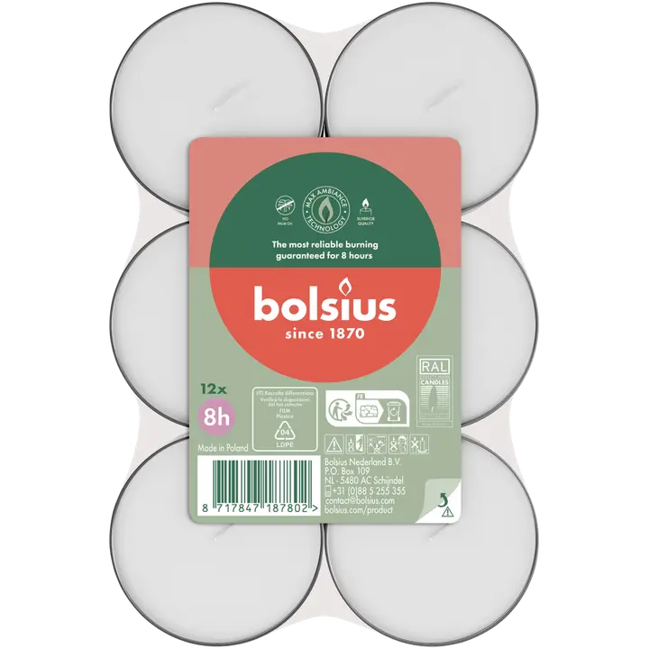 Bolsius – maksilämpökynttilät, väritön kuppi – 8 tunnin paloaika – 12 kpl/pakkaus