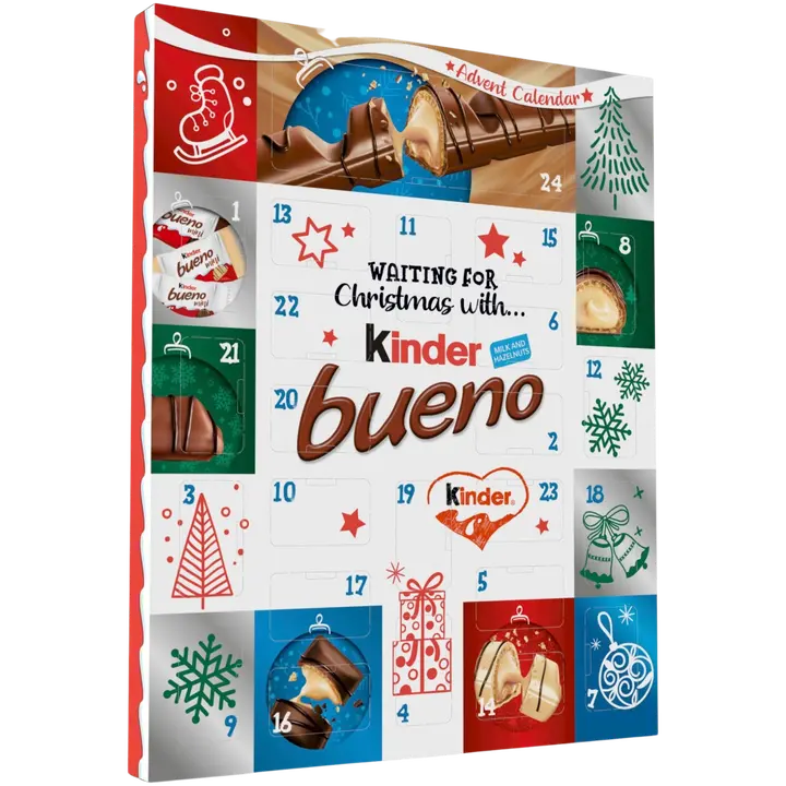 Joulukalenteri, jossa on sekoitus Kinder Bueno suklaaminipaloja, Kinder Bueno suklaapatukka ja Kinder Bueno munia