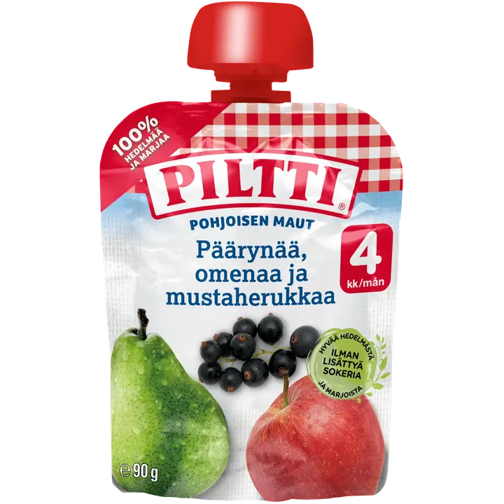Piltti Pohjoisen maut 90g Päärynää, omenaa ja mustaherukkaa hedelmäsose 4kk annospussi