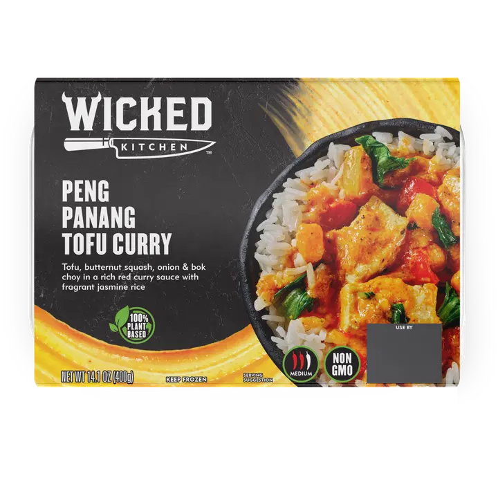 Wicked Kitchen - Tofua ja myskikurpitsaa paistettuna kookospähkinä-currykastikkeessa jasmiiniriisin kera. Pakaste