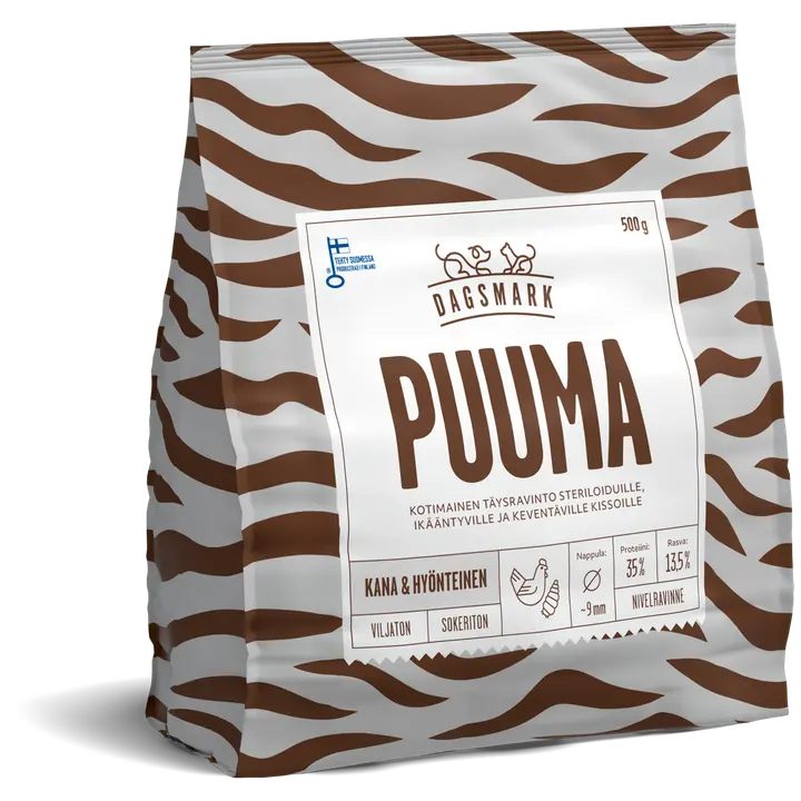 Dagsmark PUUMA kana-hyönteinen, viljaton täysravinto kissan kuivaruoka steriloiduille, ikääntyville ja keventäville kissoille 500g