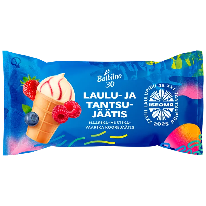 Balbiino Laulu- ja tantsujäätis koorejäätis maasika-mustika-vaarika vahvlitopsis, 125ml/65g