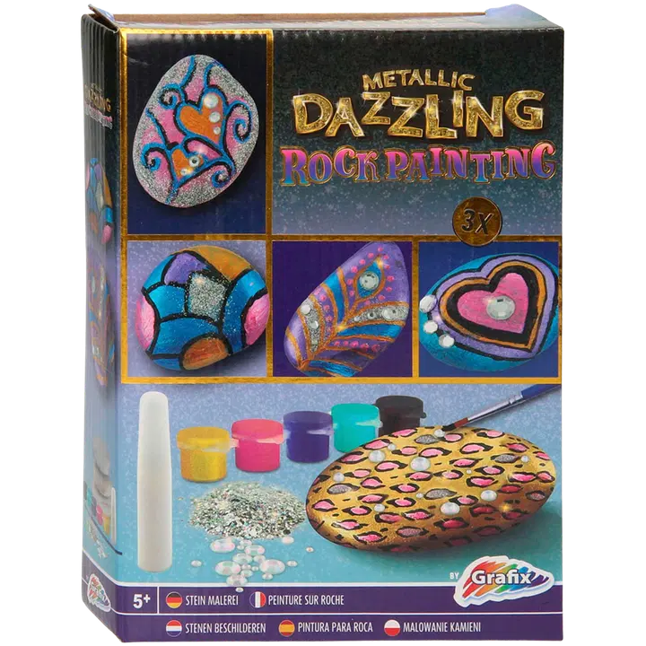 Metallic Dazzling kivien maalaus setti, 3 kiveä, 5 maalia, liima, kimalletta