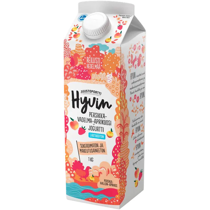 Juustoportti Hyvin virsiku-, vaarika- ja aprikoosimaitseline laktoosivaba jogurt, 1 kg