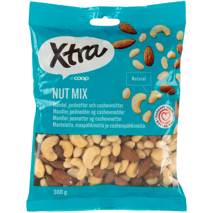 Xtra manteleita, kuorettomia maapähkinöitä ja cashewpähkinöitä 300 g