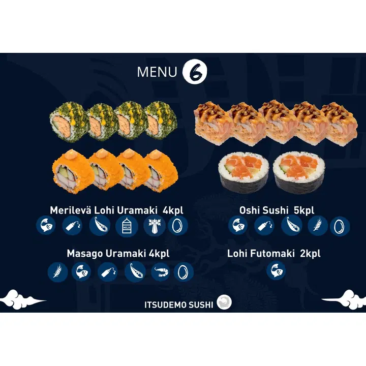 Itsudemo Sushibar sushi box, 2*lohi futomaki, 5*oshi sushi, 4*merilevä lohi uramaki, 4*masago uramaki