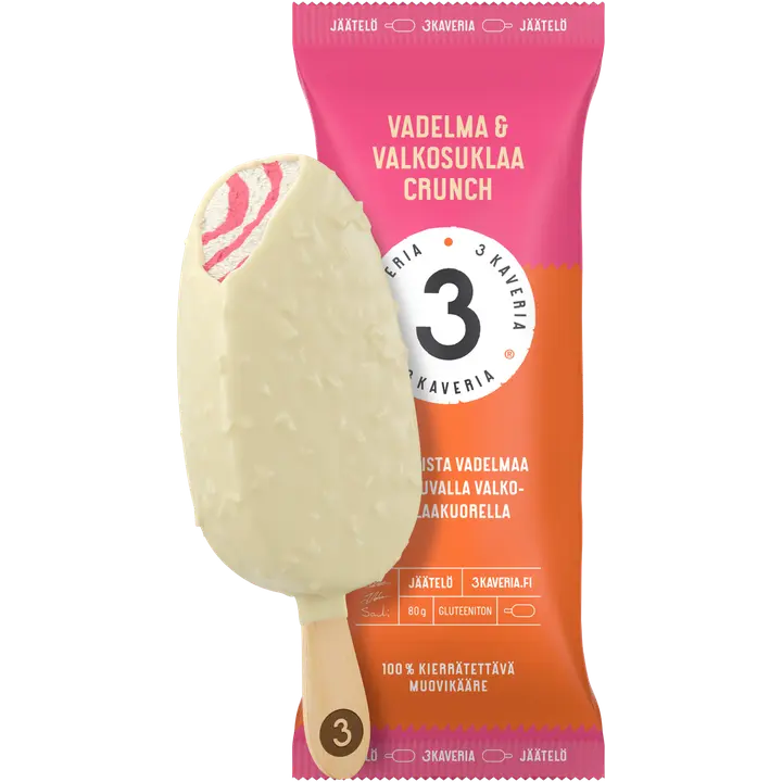 Kolmen Kaverin Jäätelö Vadelma & Valkosuklaa Crunch jäätelöpuikko 110ml/80g