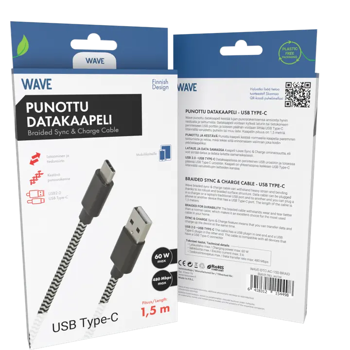 Datakaabel USB type-c 1,5m must/valge