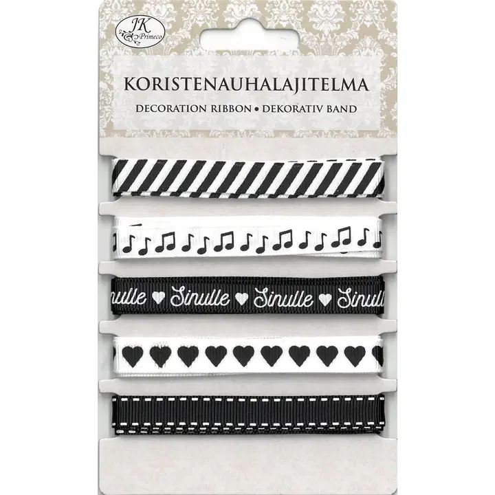 J.K. Primeco koristenauhalajitelma mustavalko 5 erilaista x 1 metri