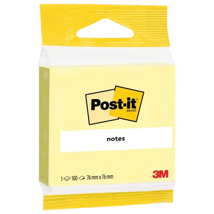Post-it® viestilaput, Canary Yellow, 1 lehtiö, 76 mm x 76 mm, piikkipakattu, 100% PEFC CH18/0914