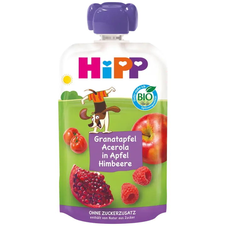 Hipp Super Hippis õuna-vaarikapüree granaatõuna ja acerola-kirsiga 100 g, öko, alates 1-eluaastast