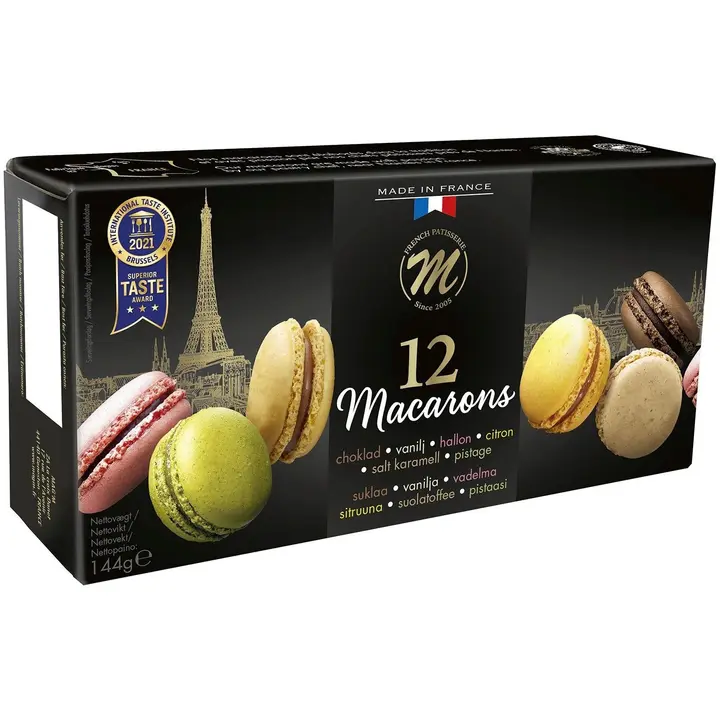 Delice Macarons-leivos 12kpl/144g (Suklaa, Vanilja, Vadelma, Sitruuna, Suolainen kinuski, Pistaasi) Pakaste