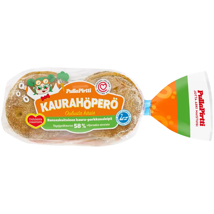 Pulla-Pirtti Kaurahöperö 6/240g halkaistu laktoositon runsaskuituinen täysjyväkaura-porkkanaleipä