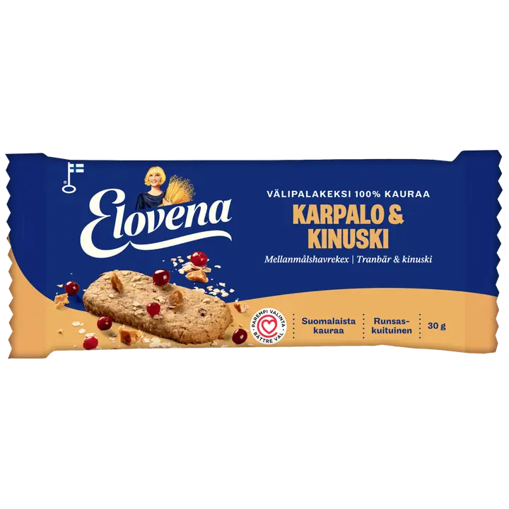 Elovena 30g karpalo & kinuski täysjyvä välipalakeksi 100% kauraa