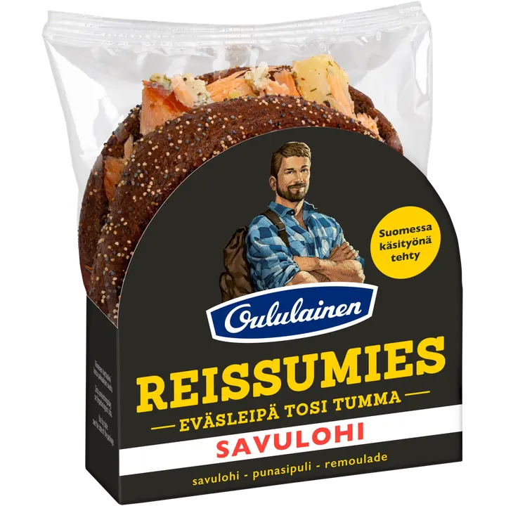 Oululainen Reissumies Eväsleipä Tosi Tumma Savulohi 130g, täytetty täysjyväruisleipä lohi-punasipuli-remoulade