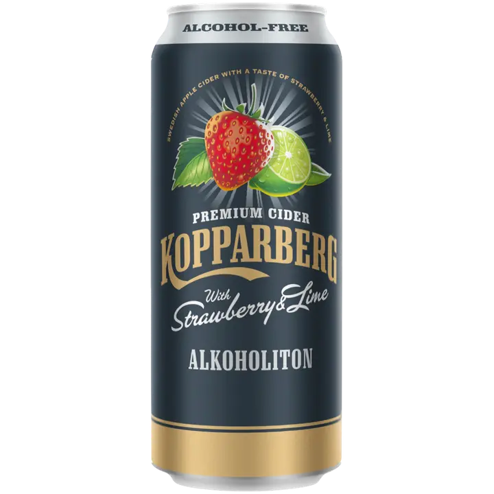 Premium Cider Kopparberg with Strawberry & Lime 0%, Mansikan & Limen makuinen alkoholiton omenasiideri tölkki 50cl