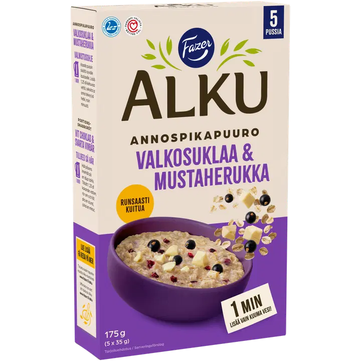 Fazer Alku Valkosuklaa & mustaherukka annospikapuuro 175 g (5 × 35 g)