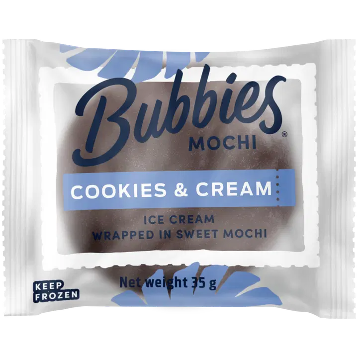 Bubbies Cookies n Cream -mochi. Kermajäätelöä keksihipuilla makeassa riisitaikinassa 35g