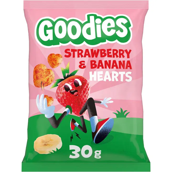 Goodies Strawberry & Banana Hearts lasten maissinaksut 30g