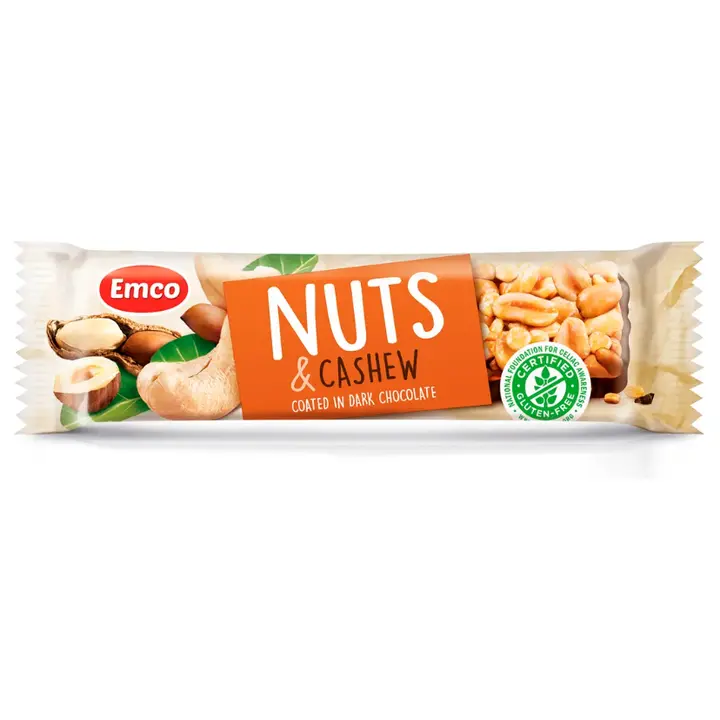 Emco gluteenivaba pähklibatoon india pähklitega,pooleldi kaetud tumeda šokolaadiga 35g