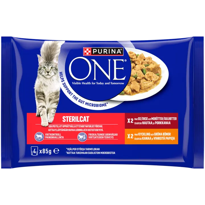Purina One 4x85 g Sterilcat Minifileet kastikkeessa, sis. nautaa, kanaa ja kasviksia