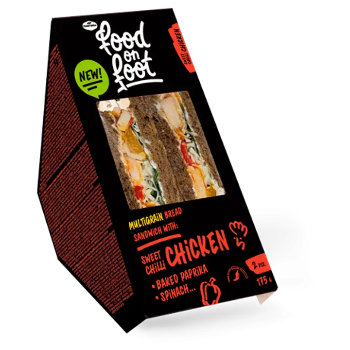 FOOD ON FOOT Kolmnurkvõileib tume seemneleib magusa chilli kana, küpsetatud paprika ja spinatiga 170 g